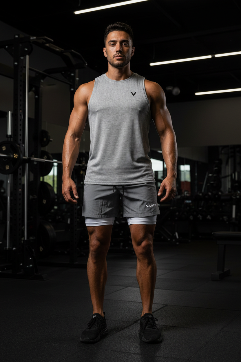 Combo VANTH - canotta + short grigi logo bianco palestra